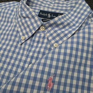 Ralph Lauren Mens XXL White Blue Gingham Short Sleeve Custom Fit Button Up Shirt
